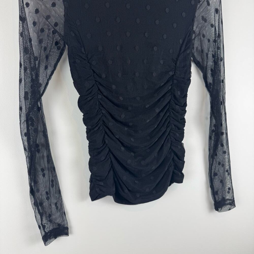 Evereve Sheer Black Ruched Top with Polka Dot Detail ~ XS - Picture 9 of 12